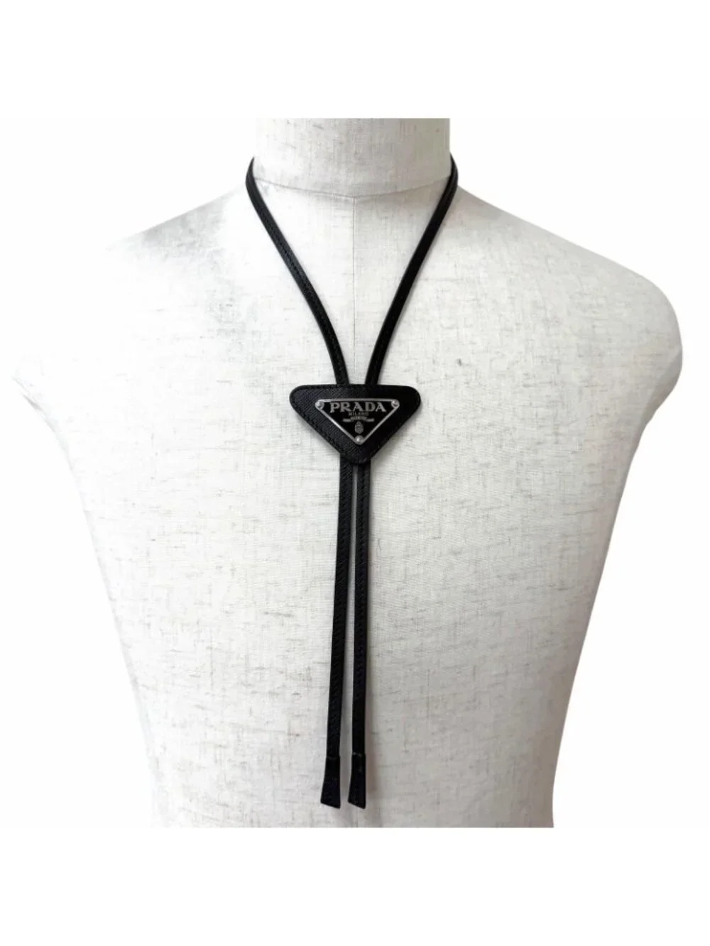 Prada Saffiano Leather Triangle Logo Plate Multik Loop Tie Bolo Tie Black